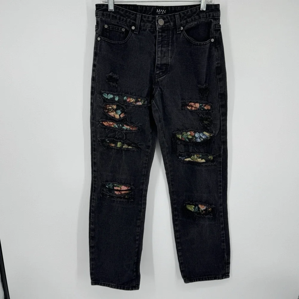 boohooMAN Men's 30 Black Distressed Ripped Jeans Colorful Patchwork Y2K Grunge